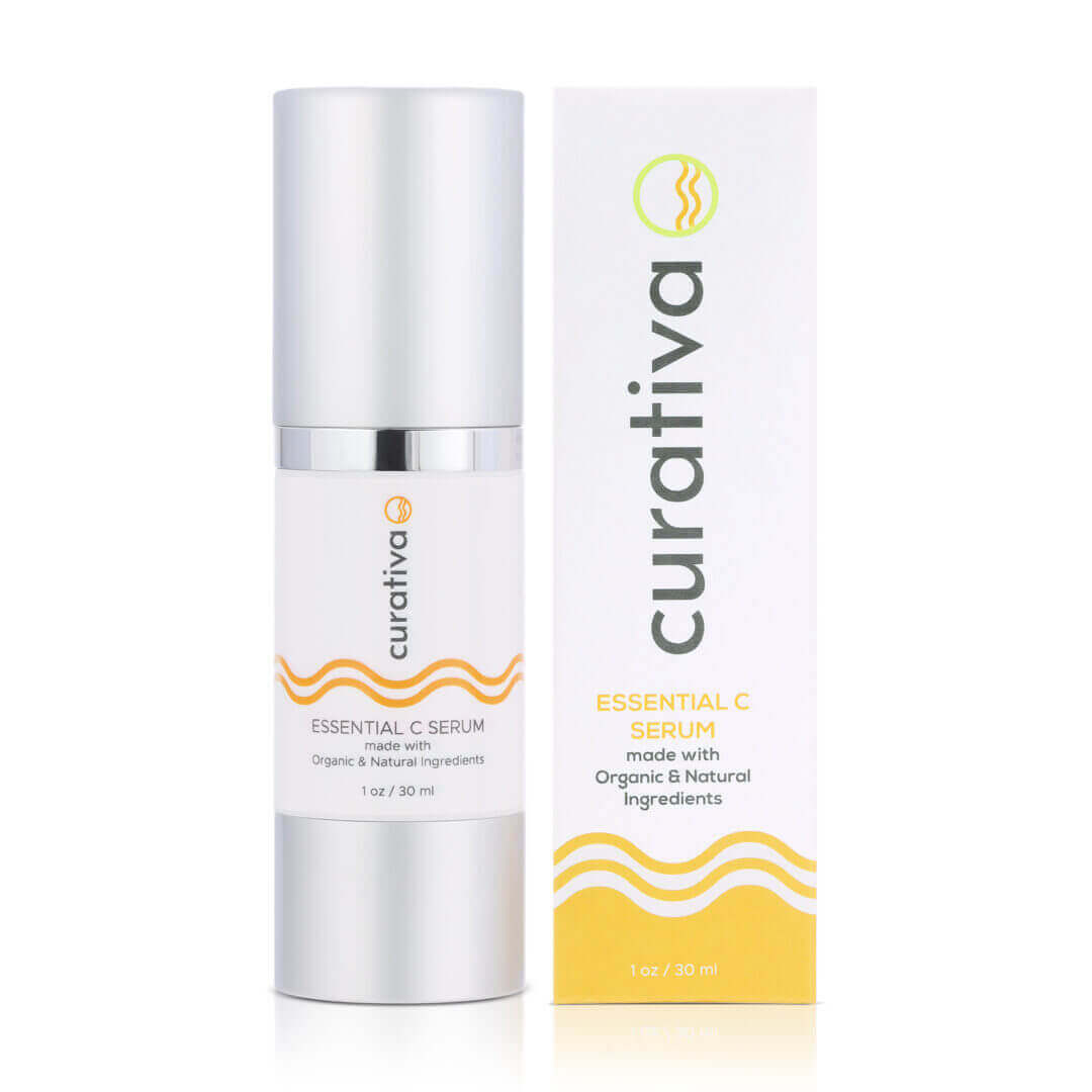 "Curativa Essential C Serum, organic skincare, vitamin C, natural ingredients, 1 oz bottle, anti-aging product packaging."