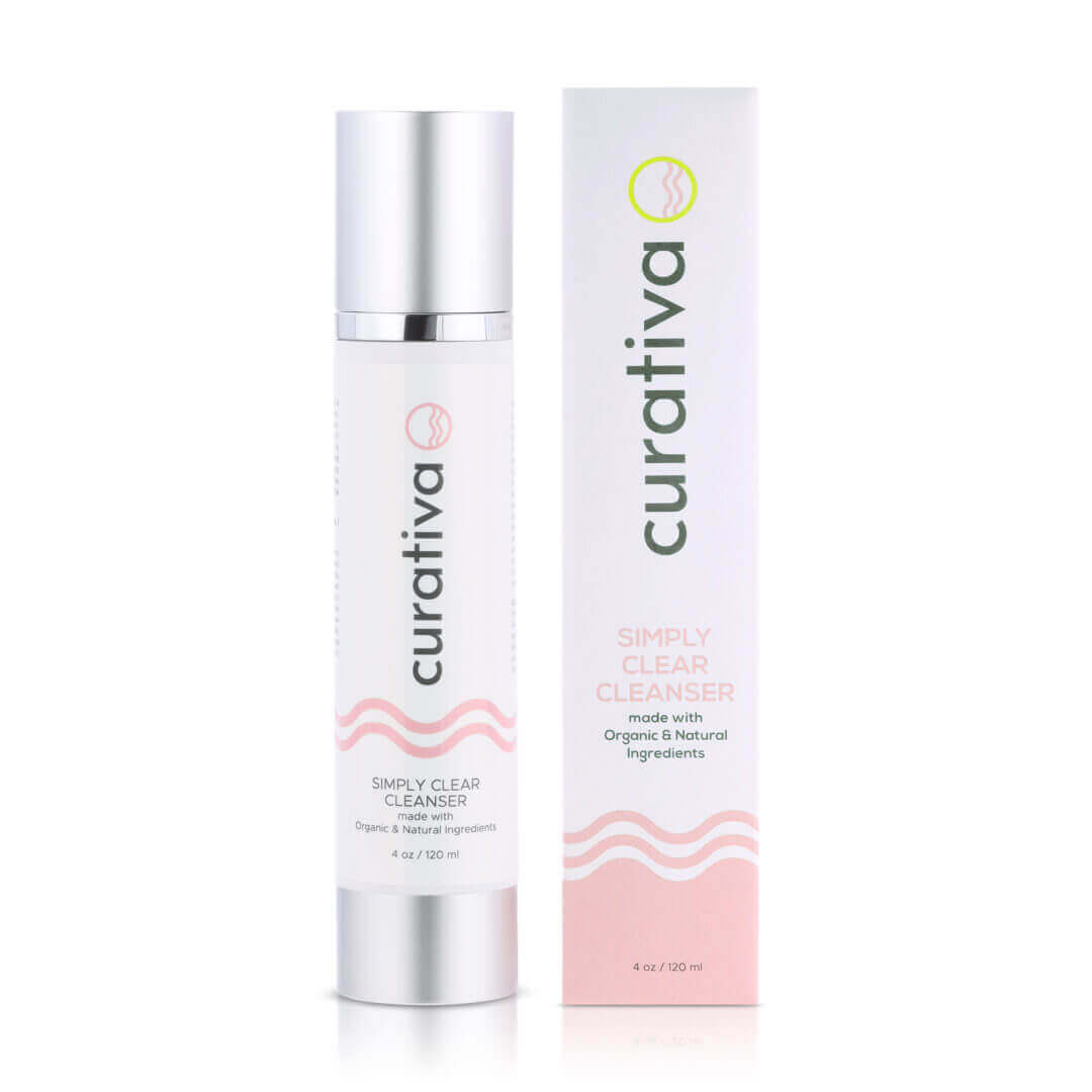 Curativa Simply Clear Cleanser bottle and box, organic natural ingredients, 120 ml, skincare packaging.
