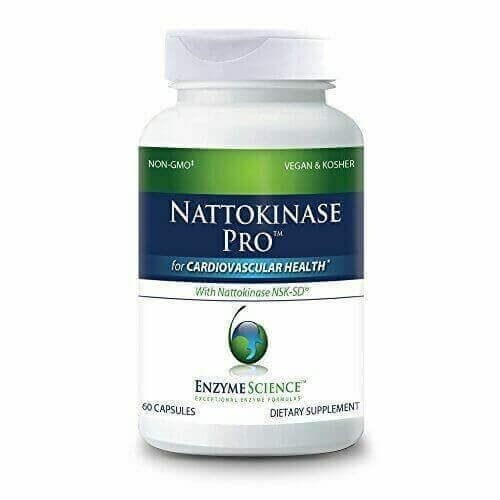 Nattokinase Pro supplement bottle for cardiovascular health, non-GMO, vegan, kosher, 60 capsules by Enzyme Science.