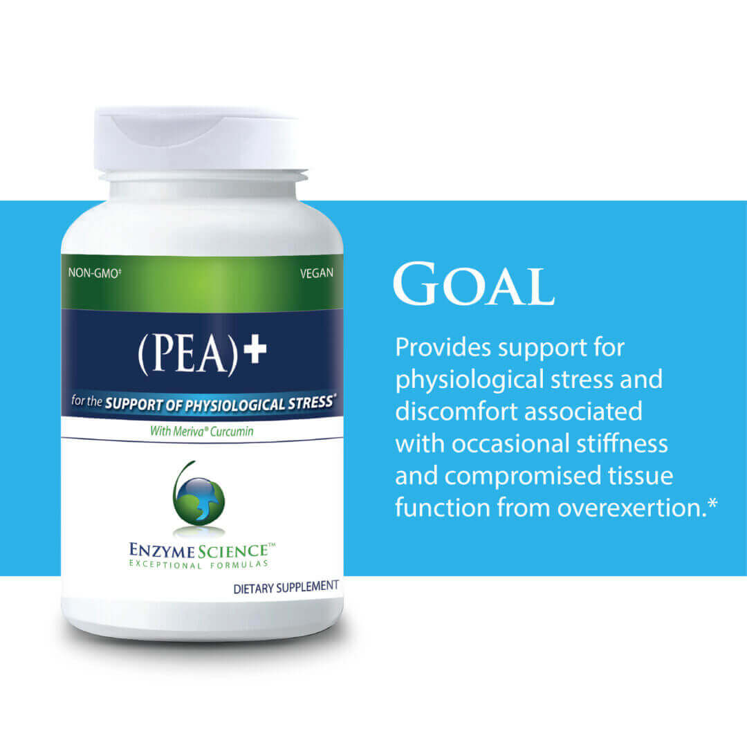PEA+ supplement for physiological stress relief, vegan, non-GMO, with Meriva curcumin, supports tissue function and reduces stiffness.