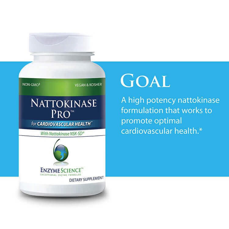 Nattokinase Pro supplement for cardiovascular health, non-GMO, vegan, kosher, high potency enzyme formula by Enzyme Science.