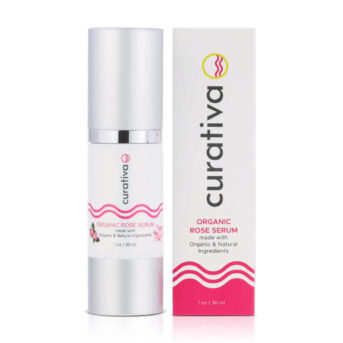 Organic rose serum bottle and packaging, Curativa brand, 1 oz, natural ingredients, skincare product.