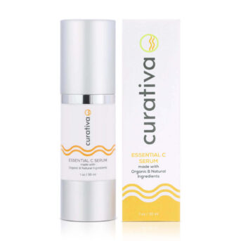 "Curativa Essential C Serum, organic skincare, vitamin C, natural ingredients, 1 oz bottle, anti-aging product packaging."