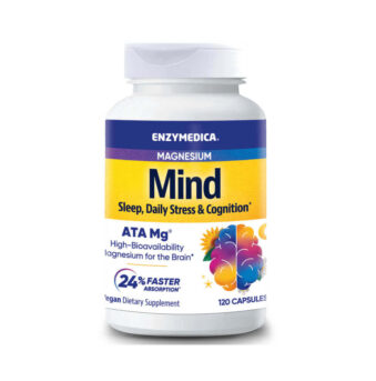 Enzymedica Magnesium Mind bottle, 120 capsules for sleep, stress, cognition support, high-bioavailability, vegan supplement.